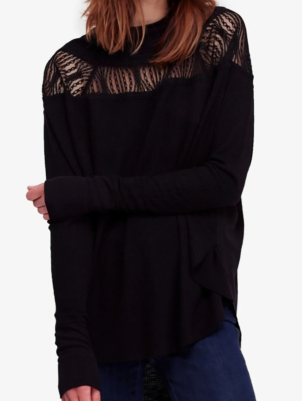 Free People Black Knit Lace Yoke Long-sleeve Top